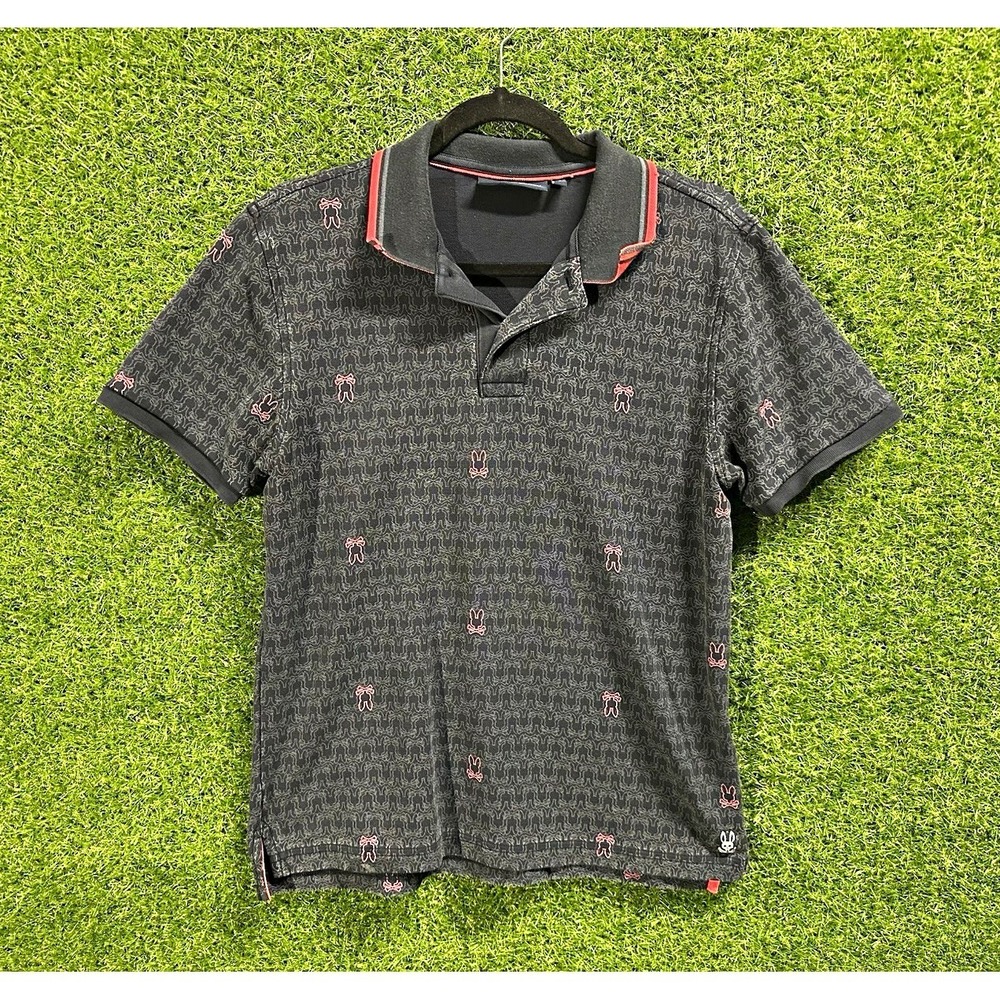 Psycho Bunny Black Cotton Knit Polo Shirt Bunny Graphic Logo Trim Men's S